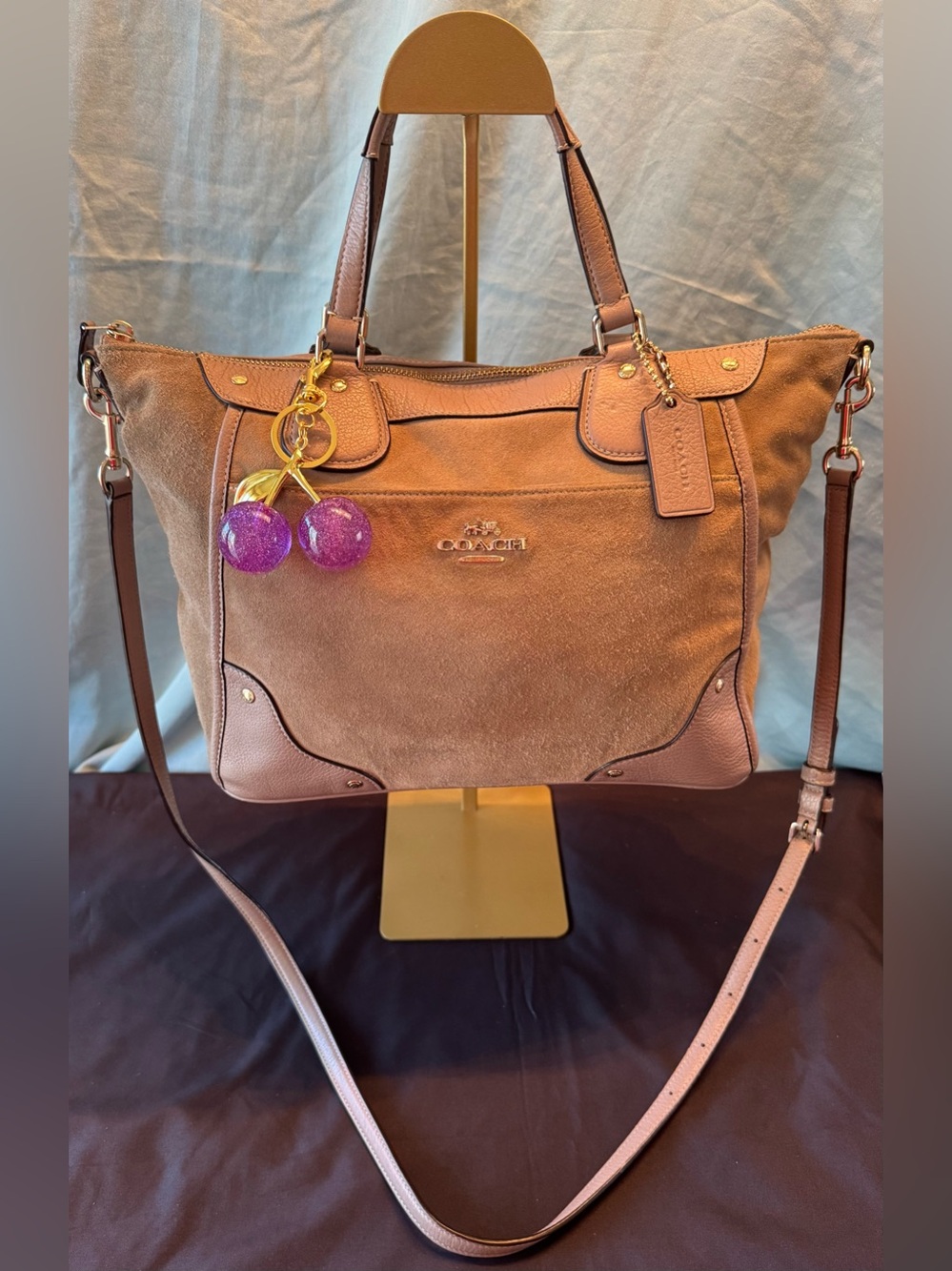 Coach F35778 Mickie Satchel in Brown Suede With Leather Trim Cherry Charm